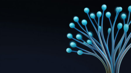 This artistic representation features delicate blue and teal organic shapes against a dark background, blending elements of nature and technology in a modern design.の素材