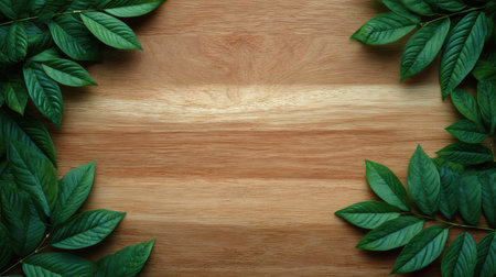 Elegant arrangement of fresh green leaves on a smooth wooden background symbolizes nature's beauty and inspires tranquility, perfect for eco-friendly and wellness themes.の素材