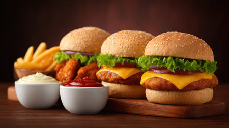 A delectable display of fresh burgers with crispy chicken, cheese, and vegetables served alongside crispy fries and dipping sauces, perfect for food lovers.の素材