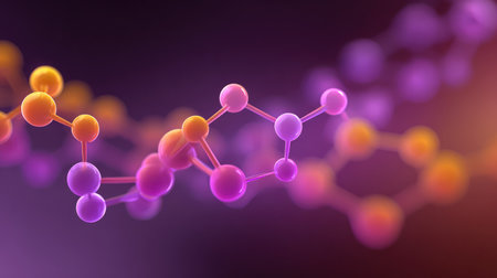 This captivating image features a colorful molecular structure with vibrant spheres against a dark background, representing the intersection of science and innovation.の素材