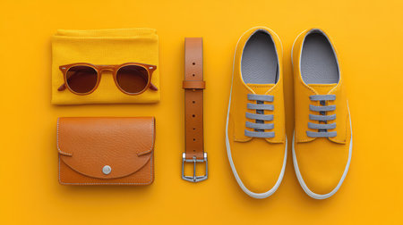 This vibrant flat-lay image showcases stylish yellow accessories, including sunglasses, a belt, a wallet, and trendy sneakers, perfect for any casual outfit.の素材