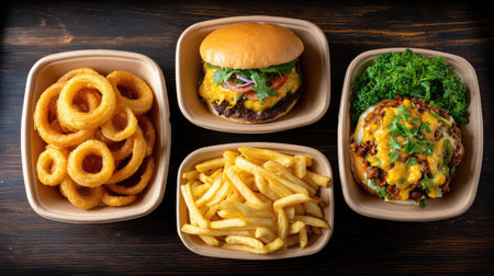 Enjoy a mouthwatering fast food spread featuring a classic hamburger, crispy French fries, golden onion rings, and a cheesy burger with fresh greens. Perfect for indulgence!の素材