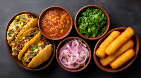 A tantalizing arrangement of soft tacos filled with beef, fresh salsa, and crunchy onions, accompanied by crispy snacks, perfect for any culinary occasion.の素材