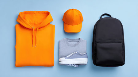 A chic and modern arrangement of an orange hoodie, stylish cap, gray sweatshirt, trendy shoes, and a black backpack on a light blue background, perfect for lifestyle promotion.の素材
