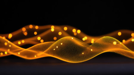An abstract wave pattern illuminated by glowing light particles against a dark background, ideal for various creative projects and graphic designs.の素材