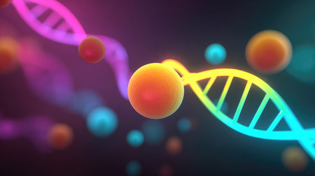 A vibrant digital illustration showcasing a DNA helix intertwined with molecules, symbolizing the essence of life and scientific exploration within a colorful backdrop.の素材