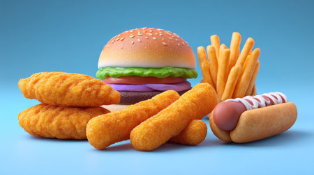 A vibrant and appetizing arrangement of fast food items, including a hamburger, chicken strips, French fries, and a hot dog, set against a blue background.の素材