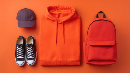 An eye-catching flat lay showcasing vibrant orange apparel that includes a hoodie, cap, sneakers, and a backpack, perfect for inspiring casual fashion choices.の素材