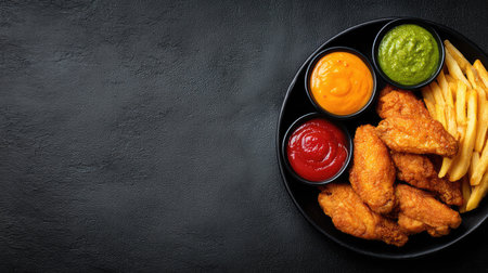 A mouth-watering arrangement of crispy fried chicken wings served with vibrant sauces and golden French fries. Perfect for food photography and culinary uses.の素材