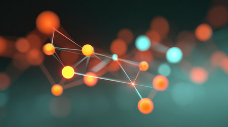 This abstract illustration showcases vibrant spheres and interconnected lines, symbolizing digital networks and communication, perfect for technology-themed projects and concepts.の素材
