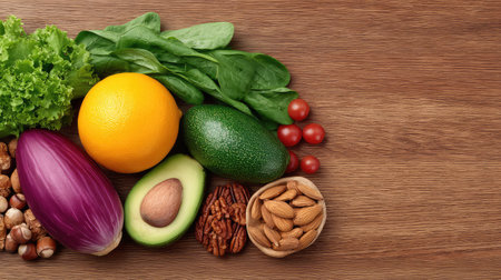 An assortment of fresh fruits and vegetables arranged on a wooden table, showcasing a variety of colors and textures ideal for healthy meals and snacks.の素材