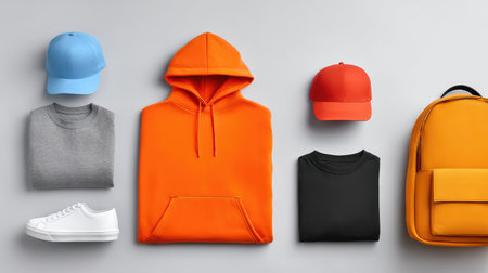 Capture the essence of modern style with this vibrant flat lay featuring an orange hoodie, colorful caps, essential t-shirts, and classic sneakers, perfect for casual fashion.の素材