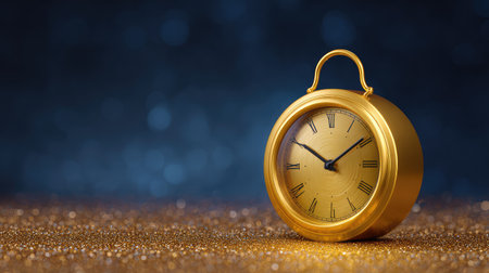 Elegant vintage gold clock rests on a shimmering glitter background, creating a mesmerizing bokeh effect, perfect for themes of time, style, and celebration.の素材