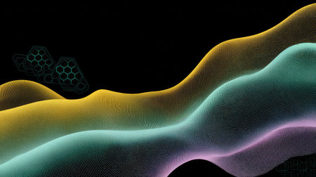 Immerse in this captivating abstract design of wavy lines with vibrant colors against a black background, perfect for futuristic visuals and innovative design projects.の素材