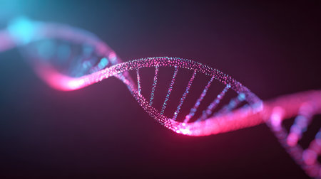 This vivid and abstract illustration showcases a DNA double helix illuminated by glowing particles, exemplifying the intersection of science and technology.の素材