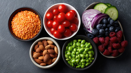 This image showcases a vibrant assortment of fresh fruits, vegetables, nuts, and legumes arranged in bowls, perfect for promoting healthy eating and nutrition.の素材