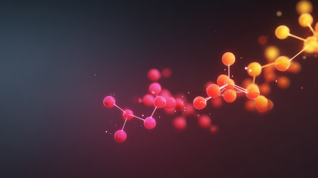 This digital artwork features a vibrant abstract design of molecular structures and glowing particles, ideal for use in science and technology-related projects or presentations.の素材
