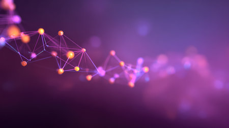 This captivating abstract image showcases interconnected nodes and lines, embodying the essence of digital technology and innovation in a vibrant and colorful setting.の素材