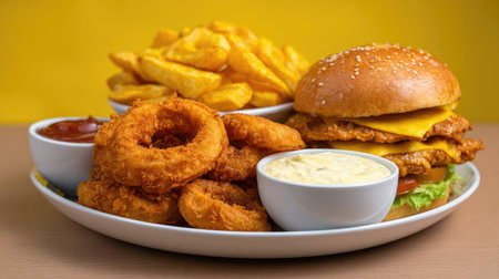 A mouthwatering fast food platter showcasing a crispy chicken burger, golden fries, crunchy onion rings, and creamy sauces, perfect for sharing or indulging.の素材