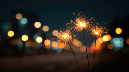 A beautiful display of sparklers lights up the night, surrounded by blurred city lights. This enchanting scene captures the essence of joy and celebration in a vibrant atmosphere.の素材