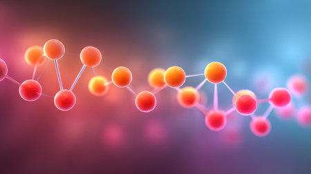 Colorful illustration of a molecular structure showcasing atoms and their connections against a soft gradient background, ideal for science and technology themes.の素材