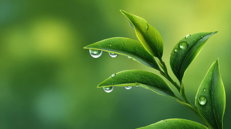 Captivating close-up of fresh green leaves adorned with glistening water droplets against a soft focus background, evoking feelings of tranquility and freshness.の素材