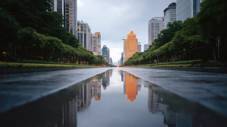 This stunning urban scene captures modern skyscrapers reflecting beautifully in water during golden hour, surrounded by lush greenery in a vibrant city park.の素材