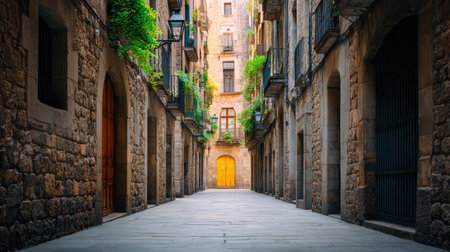 A tranquil narrow street featuring historic stone buildings adorned with lush greenery and warm sunlight, inviting exploration and capturing the essence of urban charm.の素材