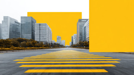 A striking urban scene showcasing a crosswalk with vibrant yellow stripes against a backdrop of modern skyscrapers, illustrating a creative blend of color and minimalism.の素材