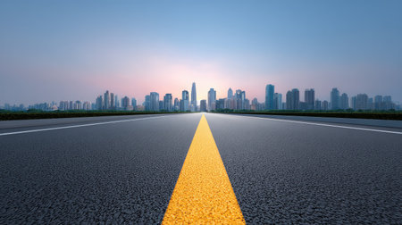 A clear urban road stretches into the horizon, leading to a vibrant skyline under a stunning evening sky, perfect for themes of exploration and adventure.の素材