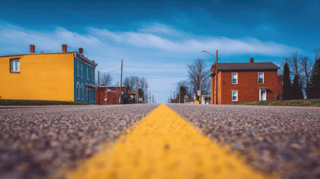 A captivating rural road scene featuring quaint houses on either side, under a vibrant blue sky. The central yellow line leads the eye into a peaceful small town landscape.の素材