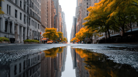 Captivating urban street view after rainfall, showcasing reflections of buildings and vibrant autumn trees. Perfect for themes of serenity and nature in the city.の素材