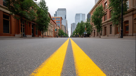 Dynamic view of an empty urban road featuring bright yellow lines, framed by modern buildings and trees, creating a serene city atmosphere ideal for exploration.の素材