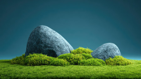 A tranquil outdoor scene showcasing smooth rocks surrounded by vibrant green grass and lush foliage, set against a soft blue gradient background.の素材