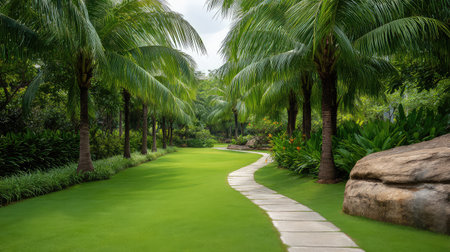 A beautiful and serene pathway winds through a lush tropical garden filled with palm trees, vibrant foliage, and natural beauty, inviting peaceful strolls.の素材
