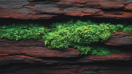 A vibrant display of lush green moss nestled within textured brown bark creates a serene and tranquil forest atmosphere. Ideal for nature-themed projects.の素材