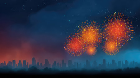 Stunning fireworks light up the night sky above a city skyline, creating a festive atmosphere. The vibrant colors and dynamic bursts offer a captivating view for celebrations.の素材
