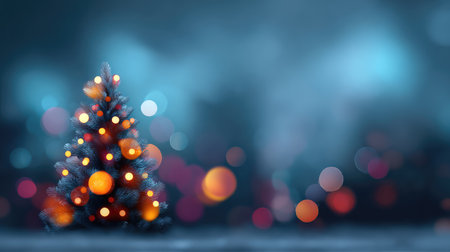 A beautiful Christmas tree adorned with colorful lights and ornaments stands against a dreamy blurred bokeh background, capturing the essence of festive joy and celebration.の素材