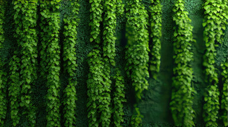 An exquisite representation of cascading ivy foliage creates a vibrant green wall effect, perfect for enhancing serene spaces indoors or outdoors.の素材