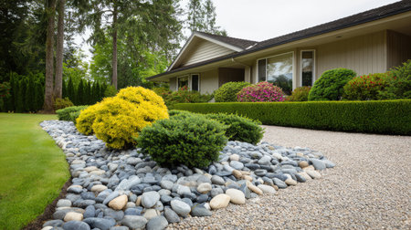 A picturesque home exterior showcasing vibrant shrubs and neatly arranged stones, complemented by a lush green lawn, set in a serene suburban environment.の素材