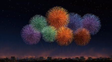 Experience the breathtaking view of vibrant fireworks lighting up the night sky, bursting over a city skyline, perfect for capturing celebration and joy.の素材