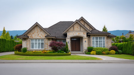 A charming suburban house featuring a beautiful stone facade, lush lawn, and colorful flower beds, set against a serene mountain backdrop, ideal for family living.の素材