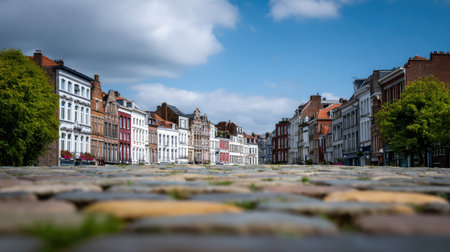 Charming European street lined with colorful buildings and a cobblestone pathway under a beautiful blue sky, evoking a serene atmosphere for travelers.の素材