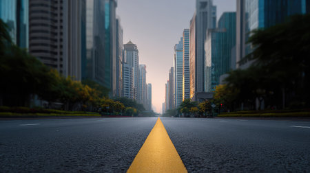 A tranquil urban landscape featuring a spacious road lined with modern skyscrapers at dusk. The vibrant yellow line leads the viewer's eye towards a serene sunset.の素材
