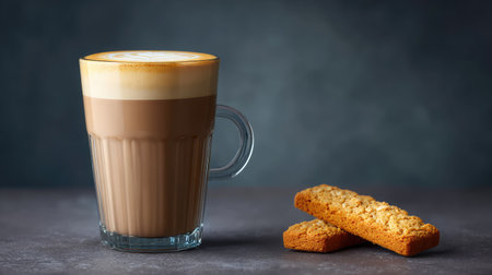 A captivating image of a caramel macchiato coffee served in a clear glass, paired with two crispy cookies, perfect for a cozy morning or afternoon treat.の素材