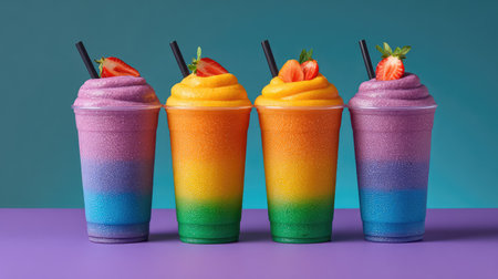 A vibrant display of four layered slushy drinks in colorful cups, topped with fresh strawberries. This refreshing beverage is perfect for summer gatherings and parties.の素材