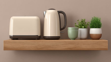 A chic and modern kitchen shelf displays a tasteful toaster and kettle along with vibrant plants in pots, creating a harmonious and inviting atmosphere for any home.の素材