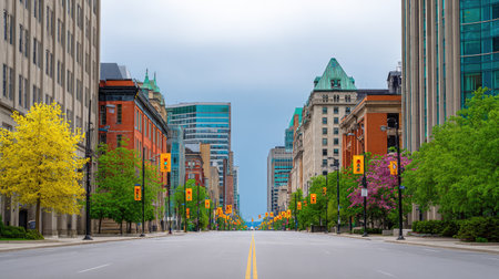 A stunning view of an empty urban street featuring vibrant trees and modern buildings, beautifully capturing the freshness of spring in a dynamic city environment.の素材