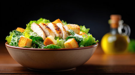 A vibrant Caesar salad featuring grilled chicken slices, croutons, and Parmesan cheese presented in a rustic bowl, enhanced with olive oil, perfect for healthy meals.の素材