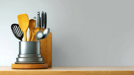 A collection of kitchen utensils arranged in a holder on a sleek wooden countertop, creating an organized cooking space perfect for culinary enthusiasts and modern homes.の素材